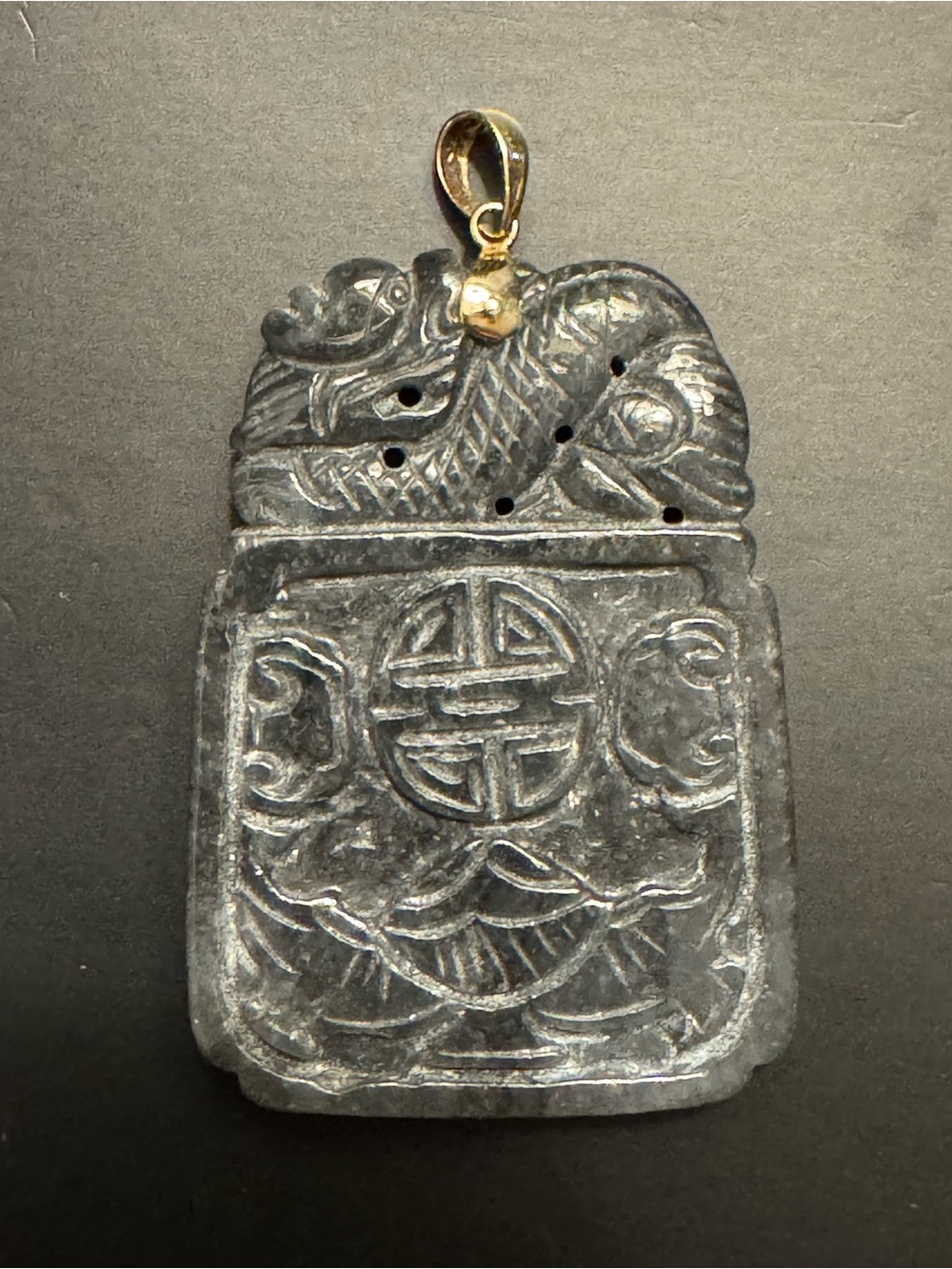 Vintage Black Jadeite Carved Pendant - 14K Gold Bail - 2”